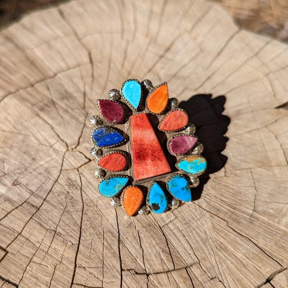 Navajo Sterling Silver Ring w Turquoise Spiny Oyster Cluster stones sz 6.5 - Picture 5 of 10